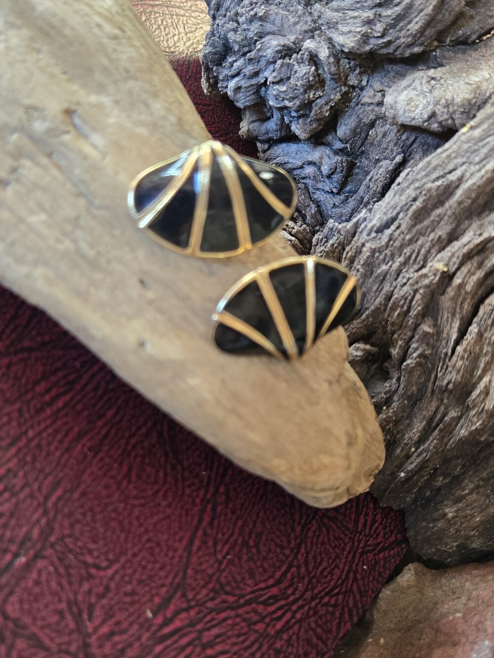 Vintage Black Enamel Gold Tone Fan Earrings | Art Deco Inspired Statement Studs - Picture 1 of 5